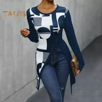 Женские топы с круглым вырезом, длинным рукавом, геометрическим принтом, облегающей футболкой, боковыми разрезами, отделкой бретельками, топы средней длины S темно-синий