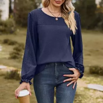 Женские топы с круглым вырезом, длинным рукавом, однотонная футболка с вафельным узором, однотонная свободная футболка L чёрный