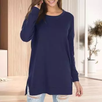 Женские топы с круглым вырезом, длинным рукавом, боковыми разрезами, пуловеры, однотонные свободные футболки, повседневная одежда S фиолетовый