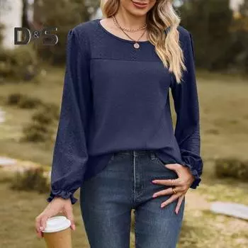 Женские топы с круглым вырезом, длинным рукавом, однотонная футболка с вафельным узором, однотонная свободная футболка M белый