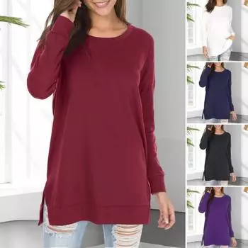 Женские топы с круглым вырезом, длинным рукавом, боковыми разрезами, пуловеры, однотонные свободные футболки, повседневная одежда S синий