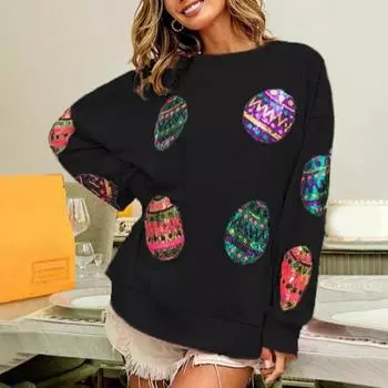 Женские топы с круглым вырезом, длинным рукавом, свободная футболка, блестящие пайетки, пасхальные яйца, декор, эластичная футболка S розовый