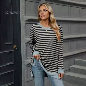 Женские топы с круглым вырезом, длинными рукавами, полосатым принтом, футболка с боковыми разрезами, средней длины, свободный крой, эластичная футболка S светло-синий