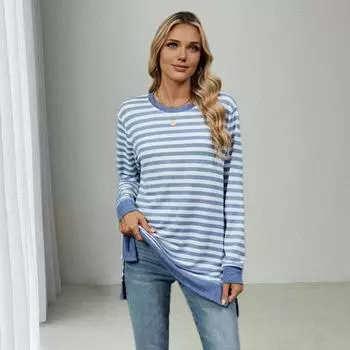 Женские топы с круглым вырезом, длинными рукавами, полосатым принтом, футболка с боковыми разрезами, средней длины, свободный крой, эластичная футболка M