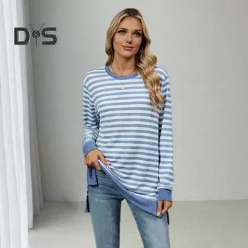 Женские топы с круглым вырезом, длинными рукавами, полосатым принтом, футболка с боковыми разрезами, средней длины, свободный крой, эластичная футболка S светло-синий