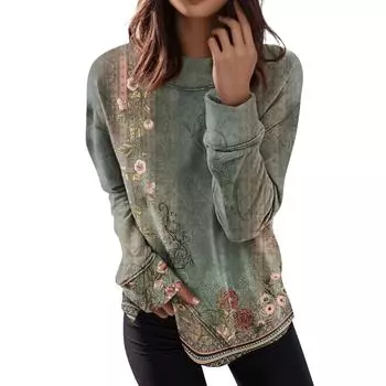 Женские топы с круглым вырезом, хлопковая женская повседневная модная пуловер с длинным рукавом и круглым вырезом с принтом, блузка L армия зеленый