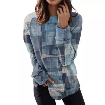 Женские топы с круглым вырезом, хлопковая женская повседневная модная блузка с длинным рукавом и круглым вырезом с цветочным принтом, пуловер L синий