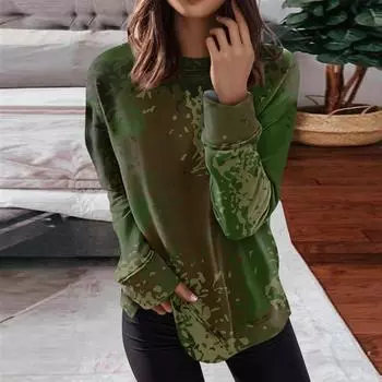 Женские топы с круглым вырезом, хлопковая женская повседневная модная блузка с длинным рукавом и круглым вырезом с цветочным принтом, пуловер L армия зеленый