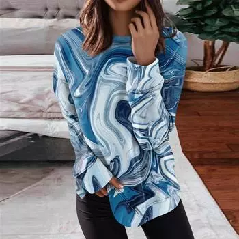 Женские топы с круглым вырезом, хлопковая женская повседневная модная блузка с длинным рукавом и круглым вырезом с цветочным принтом, пуловер L синий