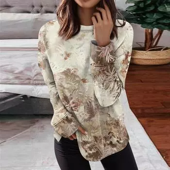Женские топы с круглым вырезом, хлопковая женская повседневная модная блузка с длинным рукавом и круглым вырезом с цветочным принтом, пуловер L бежевый