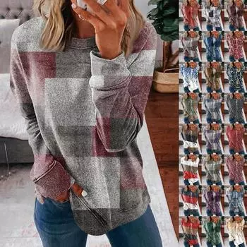 Женские топы с круглым вырезом, хлопковая женская повседневная модная блузка с длинным рукавом и круглым вырезом с цветочным принтом, пуловер L синий