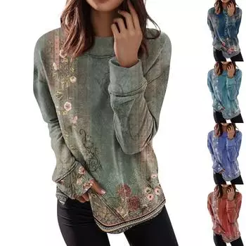 Женские топы с круглым вырезом, хлопковая женская повседневная модная пуловер с длинным рукавом и круглым вырезом с принтом, блузка XXXXXL