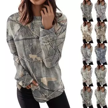 Женские топы с круглым вырезом, хлопковая женская повседневная модная блузка с длинным рукавом и круглым вырезом с цветочным принтом, пуловер L бежевый