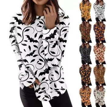 Женские топы с круглым вырезом, хлопковая женская повседневная модная пуловер с длинным рукавом и круглым вырезом с принтом, блузка L коричневый