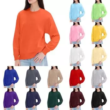 Женские топы с круглым вырезом, хлопковая женская повседневная модная блузка с длинным рукавом и круглым вырезом с карманами, пуловер XL оранжевый