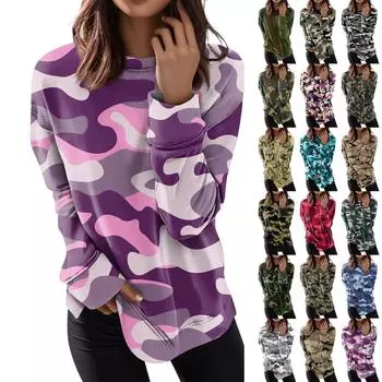 Женские топы с круглым вырезом, хлопковая женская повседневная модная блузка с длинным рукавом и круглым вырезом с цветочным принтом, пуловер L армия зеленый