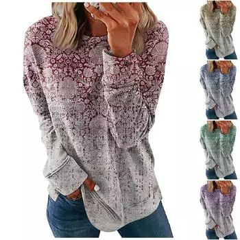 Женские топы с круглым вырезом, хлопковая женская повседневная модная пуловер с длинным рукавом и круглым вырезом с принтом, блузка XXXXL синий