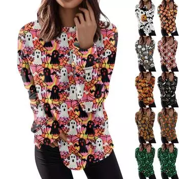 Женские топы с круглым вырезом, хлопковая женская повседневная модная пуловер с длинным рукавом и круглым вырезом с принтом, блузка XXXXL чёрный