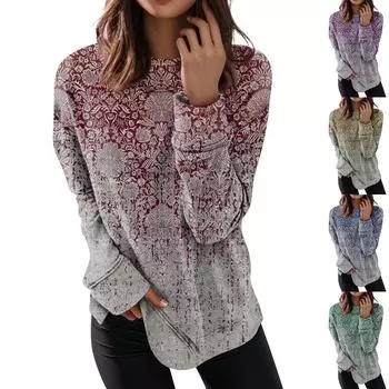 Женские топы с круглым вырезом, хлопковая женская повседневная модная пуловер с длинным рукавом и круглым вырезом с принтом, блузка XL винный