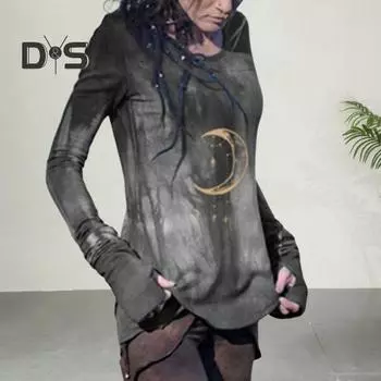 Женские топы с круглым вырезом и длинным рукавом с принтом луны, облегающая футболка средней длины из эластичной ткани, повседневная одежда M темно-красного