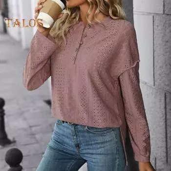 Женские топы с круглым вырезом и длинным рукавом, однотонные, свободные, рубашка с жаккардовым узором, ажурные кружевные пуловеры, повседневные футболки S розовый