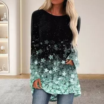 Женские топы с круглым вырезом и длинным рукавом с цветочным принтом, свободная футболка, эластичный пуловер, топы на каждый день M розовый