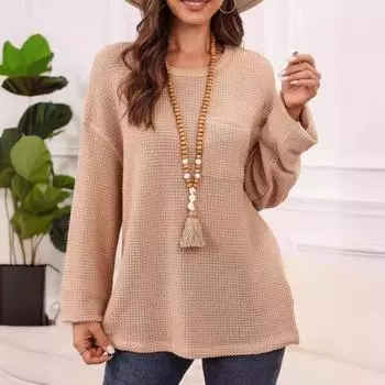 Женские топы с круглым вырезом и длинным рукавом, однотонная свободная футболка, эластичная повседневная блузка, повседневная одежда M чёрный