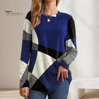 Женские топы с круглым вырезом и длинным рукавом, контрастный цвет, геометрический принт, свободная футболка, повседневные пуловеры, топы S синий