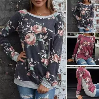 Женские топы с круглым вырезом и длинным рукавом с реглан пуловерные топы с цветочным принтом пэчворк цвет XL вино красного