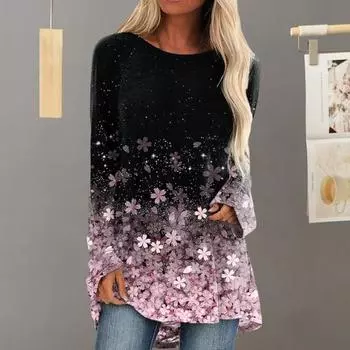 Женские топы с круглым вырезом и длинным рукавом с цветочным принтом, свободная футболка, эластичный пуловер, топы на каждый день L розовый