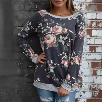 Женские топы с круглым вырезом и длинным рукавом, пуловеры с цветочным принтом и лоскутным узором, футболка средней длины XL вино красного