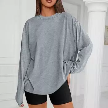 Женские топы с круглым вырезом и длинным рукавом, однотонные, свободного кроя, пуловеры, топы, мягкие, эластичные, повседневные, джемперы, повседневная одежда M чёрный