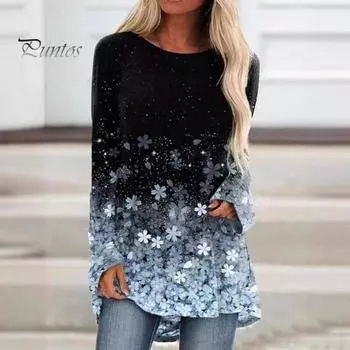 Женские топы с круглым вырезом и длинным рукавом с цветочным принтом, свободная футболка, эластичный пуловер, топы на каждый день M зелёный