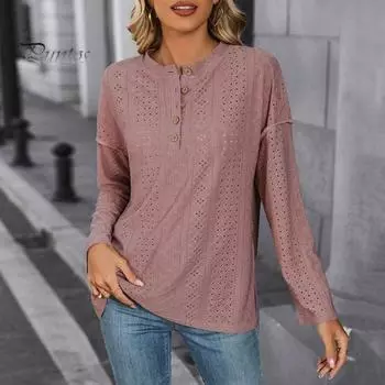Женские топы с круглым вырезом и длинным рукавом, однотонные, свободные, рубашка с жаккардовым узором, ажурные кружевные пуловеры, повседневные футболки S розовый