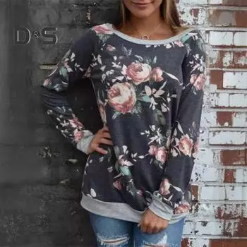 Женские топы с круглым вырезом и длинным рукавом, пуловеры с цветочным принтом и лоскутным узором, футболка средней длины XL темно-синий