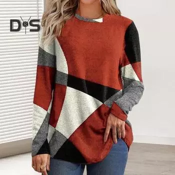 Женские топы с круглым вырезом и длинным рукавом, контрастный цвет, геометрический принт, свободная футболка, повседневные пуловеры, топы L серый