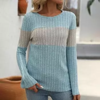 Женские топы с круглым вырезом и длинным рукавом, цветные ребристые трикотажные топы свободного кроя, повседневные свитера, повседневная одежда S светло-синий