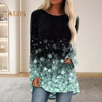 Женские топы с круглым вырезом и длинным рукавом с цветочным принтом, свободная футболка, эластичный пуловер, топы на каждый день M розовый