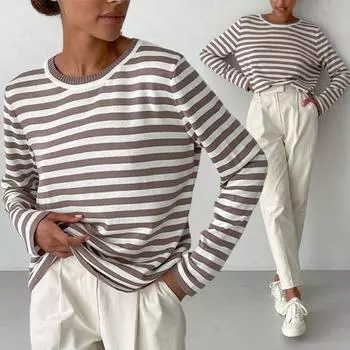 Женские топы с круглым вырезом и длинным рукавом, полосатый принт, свитер свободного кроя, эластичные ретро-вязаные топы, повседневная одежда S зелёный