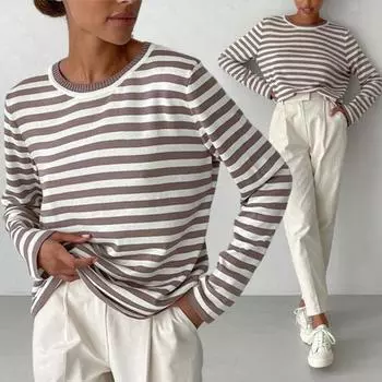 Женские топы с круглым вырезом и длинным рукавом, полосатый принт, свитер свободного кроя, эластичные ретро-вязаные топы, повседневная одежда S кофейный