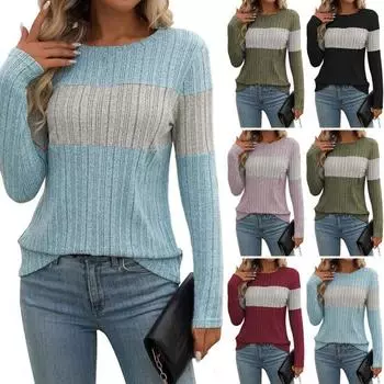 Женские топы с круглым вырезом и длинным рукавом, цветные ребристые трикотажные топы свободного кроя S армия зеленый