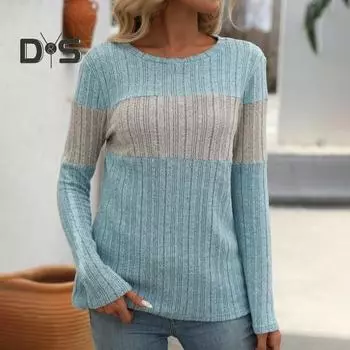 Женские топы с круглым вырезом и длинным рукавом, цветные ребристые трикотажные топы свободного кроя, повседневные свитера, повседневная одежда S армия зеленый