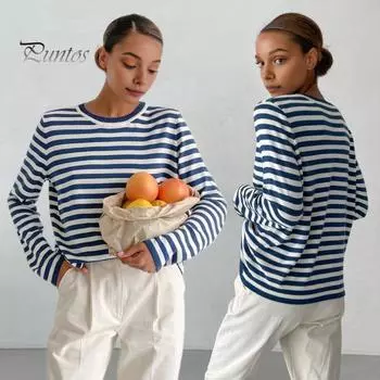 Женские топы с круглым вырезом и длинным рукавом, полосатый принт, свитер свободного кроя, эластичные ретро-вязаные топы, повседневная одежда S кофейный