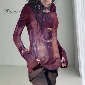 Женские топы с круглым вырезом и длинным рукавом с принтом луны, облегающая футболка средней длины из эластичной ткани, повседневная одежда M коричневый