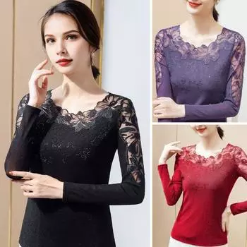 Женские топы с круглым вырезом и длинным рукавом, сетчатые кружевные вышитые пуловеры, однотонные облегающие блузки на каждый день L чёрный