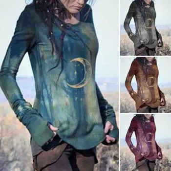 Женские топы с круглым вырезом и длинным рукавом с принтом луны, рубашка облегающего кроя, средней длины, эластичная M серый