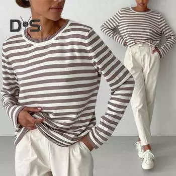 Женские топы с круглым вырезом и длинным рукавом, полосатый принт, свитер свободного кроя, эластичные ретро-вязаные топы, повседневная одежда S чёрный