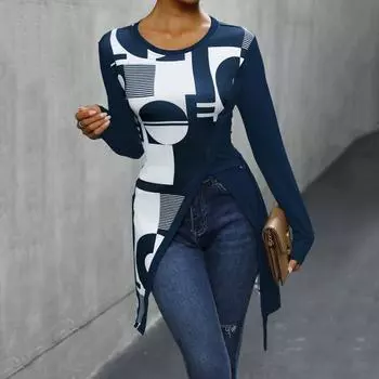 Женские топы с круглым вырезом и длинным рукавом с геометрическим принтом, облегающая футболка сбоку S темно-синий