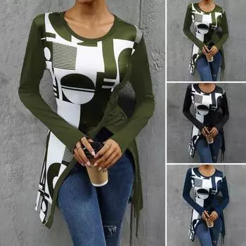 Женские топы с круглым вырезом и длинным рукавом, приталенная футболка с геометрическим принтом S чёрный