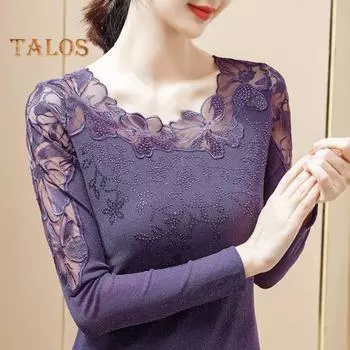 Женские топы с круглым вырезом и длинным рукавом, сетчатые кружевные вышитые пуловеры, однотонные облегающие блузки на каждый день L чёрный